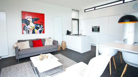 Moderne woonkamer en keuken in een tiny house bij EuroParcs Bad Meersee, met kleurrijk koeienkunstwerk.
