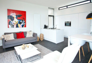 Moderne woonkamer en keuken in een tiny house bij EuroParcs Bad Meersee, met kleurrijk koeienkunstwerk.
