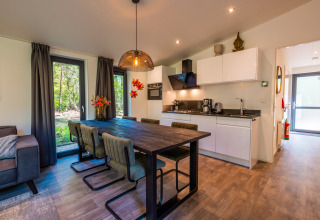 Cucina e sala da pranzo moderne nella Zandborg Lodge al Holiday park De Wiltzangh, vista sul bosco.