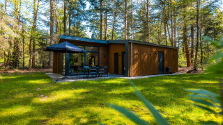 Zandborg Lodge ved De Wiltzangh-ferieparken i Holland, moderne hytte omgivet af grøn skov.