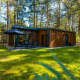 Zandborg Lodge nel parco vacanze De Wiltzangh, Paesi Bassi, una moderna baita tra alberi verdi.