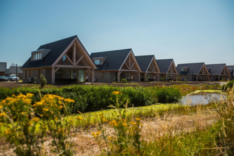 Rij moderne houten lodges met donkere daken aan een vijver, omringd door wilde bloemen op een zonnige dag.