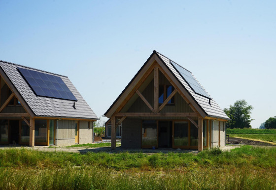 Twee moderne houten lodges met zonnepanelen op het dak bij Duinvilla 10, omgeven door groen landschap.