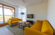 Wohnzimmer in Duinvilla 6 bei EuroParcs Cadzand-Bad, Niederlande, mit gelben Sofas und großem Fenster.