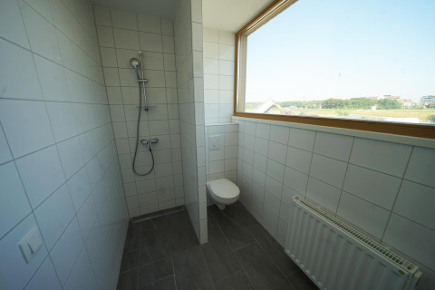 Moderne badkamer met douche, hangend toilet en groot raam in Duinvilla 10 bij EuroParcs Cadzand-Bad.