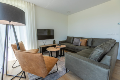 Soggiorno moderno nella Duinvilla 8 a EuroParcs Cadzand-Bad, Paesi Bassi, con divano grigio e poltrone in pelle.