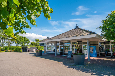 Photo of a contemporary cabin with large windows, surrounded by green trees and flower pots outside.