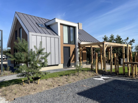Modern lodge named Duinvilla at EuroParcs Texel in the Netherlands, featuring sleek design and garden.