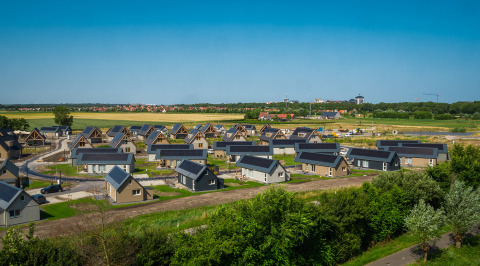 View of new residential houses and rural fields near Cadzand, Zeeland, Netherlands, under clear blue sky.