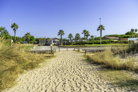 Entrance to Campsite del Mar in Catalonia, Spain, with sandy path, palm trees, and reception in summer.
