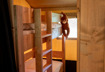 Interior de una tienda safari en Forest Lodge, Jocomo Parc, Bélgica, con literas y peluche de mono en la ventana.