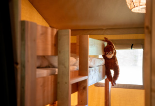 Safaritent bij Jocomo Parc, België, met houten stapelbed en een knuffelaap hangend aan het bovenste bed.