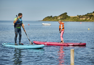 Two people stand on paddleboards in the water at Emmerbølle Strand Camping on a sunny day.