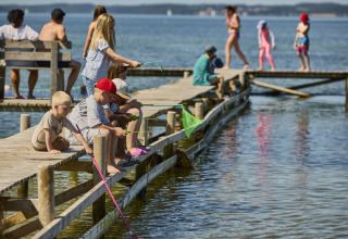 Kinder und Erwachsene angeln und entspannen auf einem Holzsteg am Wasser bei Tranekaer, Süddänemark.