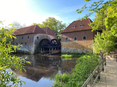 Foto einer alten Wassermühle bei einer Glamping-Unterkunft, umgeben von Natur und ruhigem Wasser.