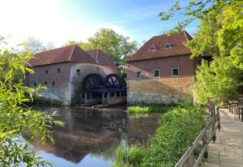 Photo d’un vieux moulin à eau dans un hébergement glamping, entouré d’arbres verts et d’eau calme.