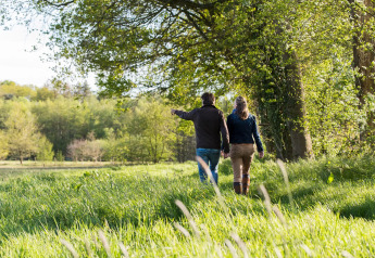 To personer går hånd i hånd gennem en grøn skov ved en glamping-indkvartering i foråret.
