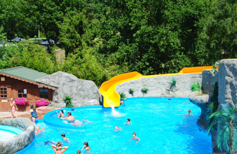 Outdoor swimming pool with yellow slide, people swimming, and green trees at Campsite Roland in Limburg.