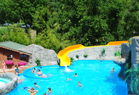 Outdoor swimming pool with yellow slide, people swimming, and green trees at Campsite Roland in Limburg.