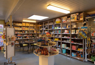Shop at Campsite Roland in Limburg, Netherlands, with shelves stocked with snacks, toys, and essentials.