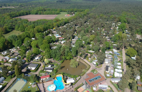 Veduta aerea del campeggio Roland in Limburgo, Paesi Bassi, con piscina, laghetto e area boschiva.