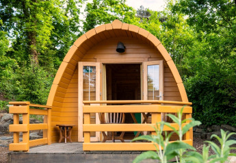 Petite maison pod en bois avec véranda, entourée d’arbres verts et de nature luxuriante.