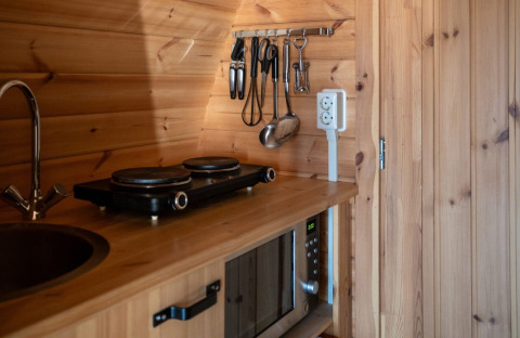 Compact kitchenette in the Pod at Campsite Roland, Netherlands, with hot plate, sink, and microwave.