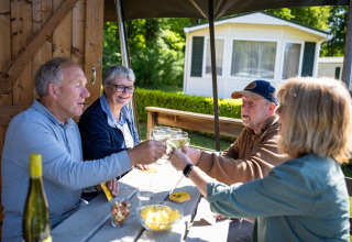 Amici anziani brindano con vino a un tavolo da picnic sotto una tenda safari al Campeggio Roland nei Paesi Bassi.