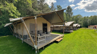 Tentes lodge safari modernes sur pelouse avec terrasse, adossées à une forêt, idéales pour glamping.