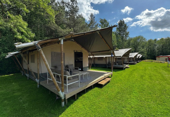 Tentes lodge safari modernes sur pelouse avec terrasse, adossées à une forêt, idéales pour glamping.