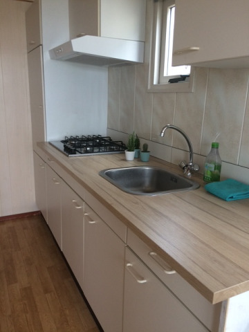 Cocina moderna en Strand Dishoek 342 con encimera amplia, fregadero, estufa y decoración minimalista.