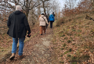 Personas suben por un sendero boscoso en Le Hameau de l'Ourthe, parque vacacional en Luxemburgo belga.