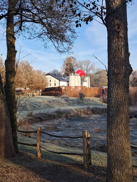 View of Le Hameau de l'Ourthe holiday park in Belgian Luxembourg, with trees, fence, and a red dome.