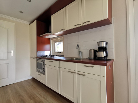 Cocina moderna en Chalet Basic en De Woudhoeve, Países Bajos, con estufa, fregadero y cafetera.