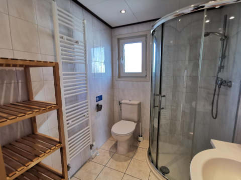 Baño moderno en Chalet Basic de De Woudhoeve, Países Bajos, con ducha curvada y estantería de madera.
