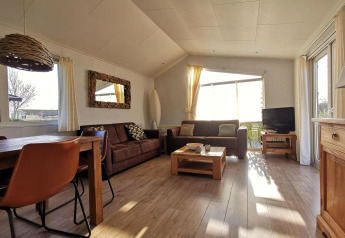 Solrig stue i Chalet Basic på De Woudhoeve, Holland, med brune sofaer, spisebord og store vinduer.