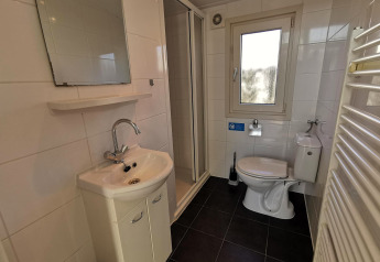 Moderne badeværelse i Chalet Basic på De Woudhoeve, Holland, med brus, håndvask og toilet.