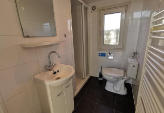 Salle de bains moderne au Chalet Basic à De Woudhoeve, Pays-Bas, avec douche, lavabo et toilettes.