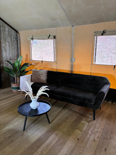 Safari tent interieur met zwarte zetel, klein tafeltje met vaas, plant en houten vloer, twee ramen.