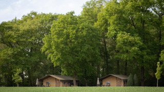 Tenda safari di lusso con bagno, immersa vicino a una foresta verde lussureggiante e campi aperti.