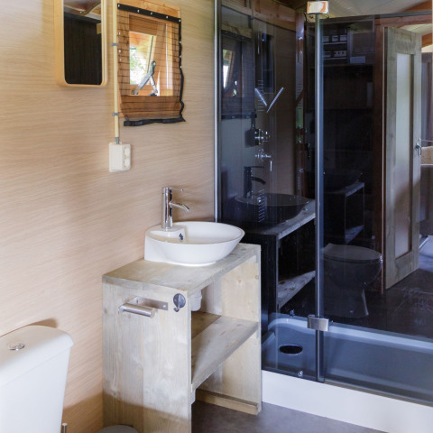 Bagno moderno nella Luxe lodge, Landrijk de Reesprong, Paesi Bassi, con doccia e lavandino visibili.
