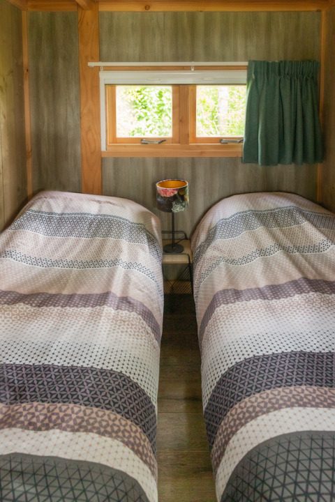 Due letti singoli con piumoni decorati in un lodge di lusso al Landrijk de Reesprong nei Paesi Bassi.
