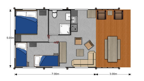 Grondplan van een safaritentlodge in Wilsumer Berge, met slaapkamers, badkamer, keuken en ruim terras.
