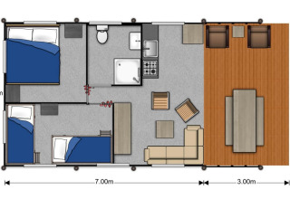 Grondplan van een safaritentlodge in Wilsumer Berge, met slaapkamers, badkamer, keuken en ruim terras.