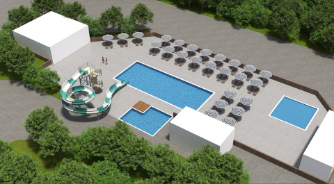 Vista aerea dell'area piscina con scivolo d'acqua e lettini al Flower Camping Provence Vallée.