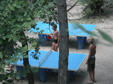 Deux garçons jouent au tennis de table en plein air au Flower Camping la Pinède, Auvergne-Rhône-Alpes, France.