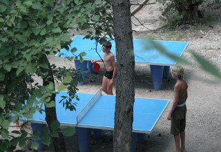 To børn spiller bordtennis udenfor i skoven på Flower Camping la Pinède i Auvergne-Rhône-Alpes, Frankrig.