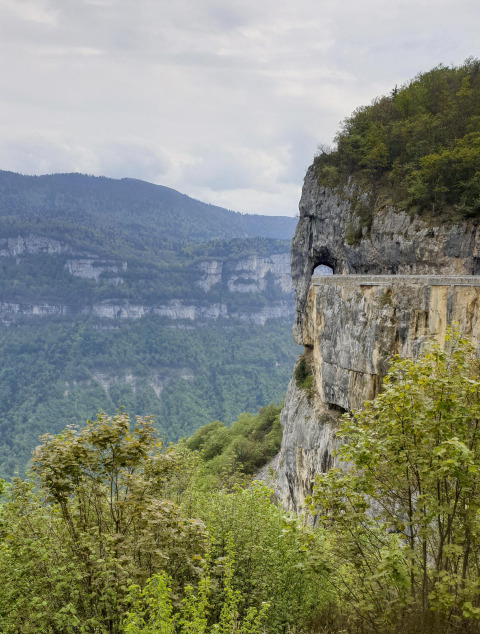 Bjergrigt landskab nær Die, Auvergne-Rhône-Alpes, Frankrig, med en vej tunneleret gennem klippen.