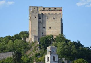 Foto di una storica fortezza in pietra su una collina alberata, scattata dal Flower Camping la Pinède in Francia.