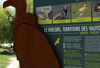 Informationsskilt om gribbe i Diois ved Flower Camping la Pinède i Auvergne-Rhône-Alpes, Frankrig.